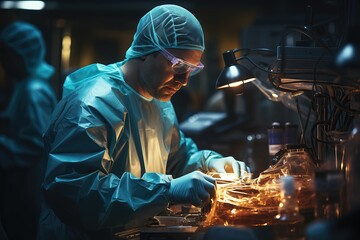 The nervous surgical instrument specialist prepares the surgical instruments in the operating room - obrazy, fototapety, plakaty