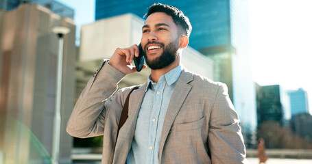 City, phone call and business man with time or check watch for schedule, job opportunity and travel...