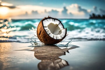 A close-up of a coconut being cracked open on the beach,  its fresh, sweet water inside against the backdrop of the sea. - obrazy, fototapety, plakaty