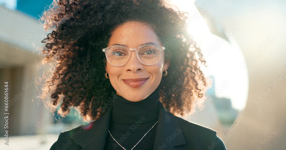 Poster Face, city and woman with glasses, business and smile with professional, lens flare and career. Portrait, happy person and entrepreneur with eyewear, sunshine and clear vision with employee outdoor