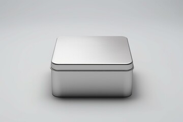 Plain square tin box for packaging. Front view. Generative AI