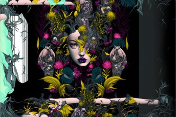 a gorgeous digital painting seamless pattern color with a beautiful women monster diamonds and in the style of undertale flowers and birds hiding face sittiing in a room aesthetical hyper realistic 