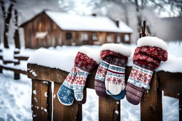 A pair of mittens and a warm scarf hanging on a rustic wooden fence in the snow. - Powered by Adobe