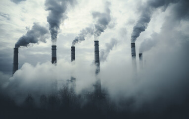 industrial chimneys with heavy smoke causing air pollution on the gray smoky sky background
