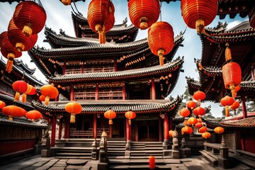 An ornate temple beautifully adorned with colorful lanterns during a traditional festival