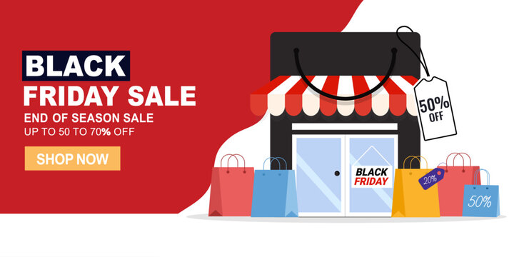 Black Friday online promotion sale web banner up to 70% off with huge shopping bag store 