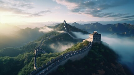 The Great Wall of China at dawn ultra realistic illustration - Generative AI.