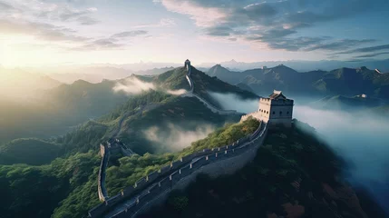 Papier Peint photo Lavable Mur chinois The Great Wall of China at dawn ultra realistic illustration - Generative AI.