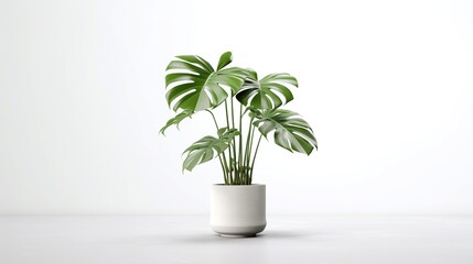 Monstera tree in a pot on white background, tropical leaves or houseplant that grows indoors for decorative purposes.