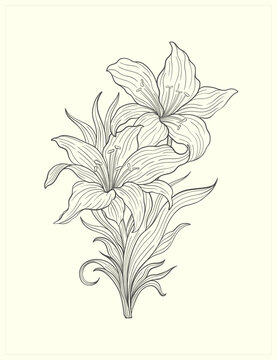 Frame with a lily flower in the style of Art Nouveau. Beautiful lily vintage floral composition 1920-1930 years.