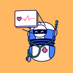 Cute robot medic display cardiogram, ECG. Medical machine care about heart, cardio, health. Healthcare computer, AI program with stethoscope for hospital, clinic. Flat isolated vector illustration