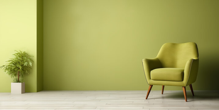 Empty room interior mock up with olive green modern armchair isolated against olive green empty wall, wooden floor, potted plant