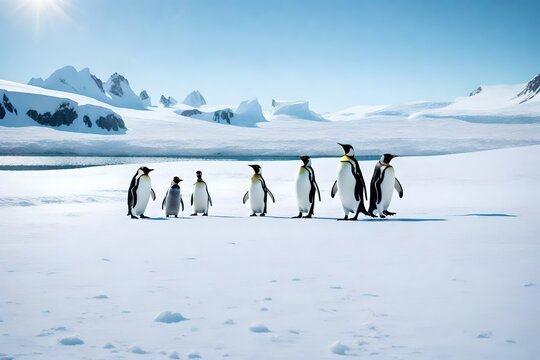A family of penguins waddling through a snowy Antarctic landscape.