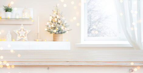 Glittering Christmas holiday background with empty wooden table in front