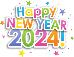 HAPPY NEW YEAR 2024! colorful typography banner on transparent background