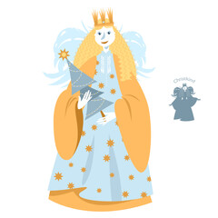 Traditional austrian christmas character “Christkind” (the Christ Child). Angel girl, with white feather wings and blond curls