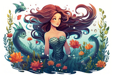 Obraz na płótnie Canvas vector illustration of a mermaid scene in the sea