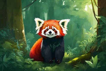 cute red panda in green lush forest