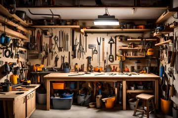 Fotobehang A well-lit garage workshop with tools neatly hung on the wall and a workbench with ongoing projects. © Tae-Wan