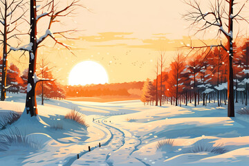 vector illustration of morning sun scene in winter