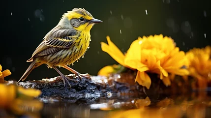 Fotobehang shot of little chicken with yellow flowers, with water drops, warm natural light, backlight, macro, bokeh © akhmad