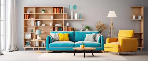 Obraz na płótnie Canvas a sofa and bookshelf in a blue living room