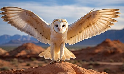 A majestic white owl perched on a rocky ledge