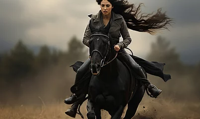 Stoff pro Meter A woman riding a black horse © uhdenis