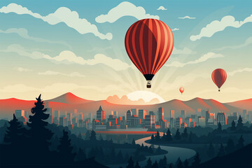 vector illustration of a hot air balloon view over a building
