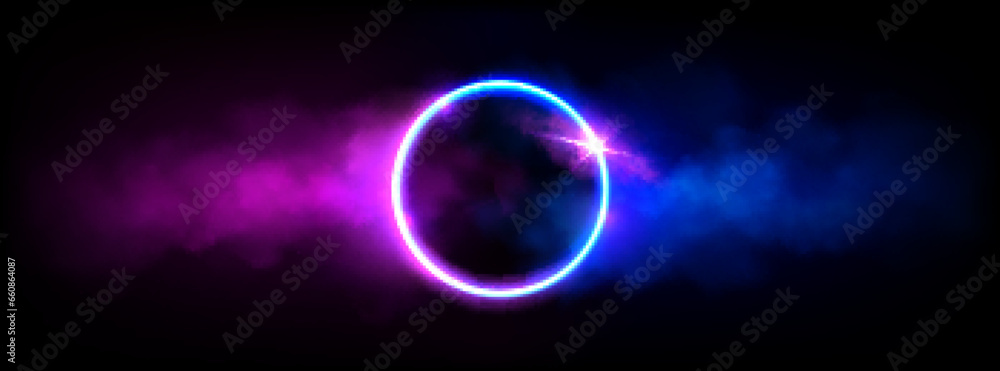 Poster neon luminous ring frame with cloud or smoke and twinkle. realistic vector of led light circle with 