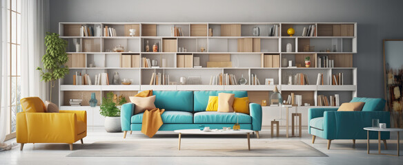 a sofa and bookshelf in a blue living room