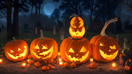 Halloween pumpkin head jack lantern with burning candles, Spooky Forest with a full moon and wooden table, Pumpkins In Graveyard In The Spooky Night - Halloween Backdrop