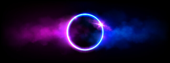 Neon luminous ring frame with cloud or smoke and twinkle. Realistic vector of led light circle with glowing pink and blue fog effect on dark background. Magic or futuristic game portal with haze.
