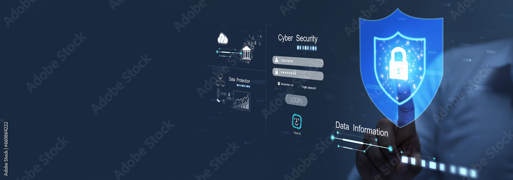 Poster businessman virtual touch screen for cyber security protection cyber security concept security, user