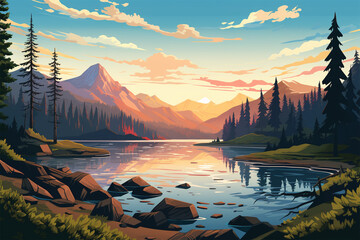 vector illustration of lake view in mountain valley