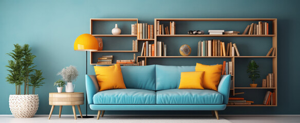 a sofa and bookshelf in a blue living room