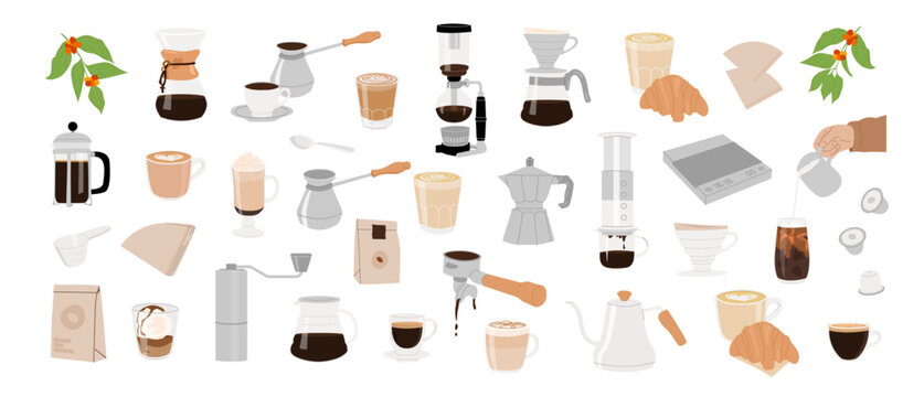 Alternative coffee brewing methods and tools modern hand drawn graphics. Set of coffee utensils, breakfast composition colored icon. Vector flat style isolated elements for cafe, menu, coffee shop.