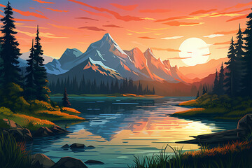 Fototapeta na wymiar vector illustration of lake view in mountain valley
