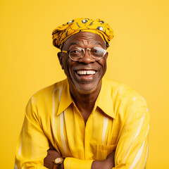 Portrait of a senior balck man with a hat, smiling, on yellow background - 660864493