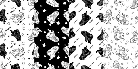 set of seamless pattern with hand drawn sneakers, vector hand drawn illustration of seamless pattern.