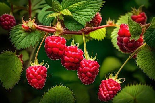 A branch of red raspberries on a raspberry bush.