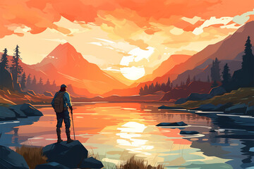 vector illustration of a view of people fishing in a lake - obrazy, fototapety, plakaty