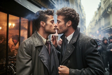 Passionate street kiss between two men - obrazy, fototapety, plakaty