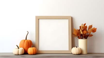 Mock up blank frame with thanksgiving turkey, pumpkin and autumn decor on a wood shelf. Ai generative.