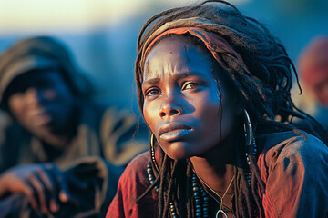 Poignant scene of a grieving African woman amidst fallen tribal warriors at sunset.
