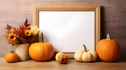 Mock up blank frame with thanksgiving turkey, pumpkin and autumn decor on a wood shelf. Ai generative.