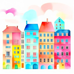 Naklejka premium Abstract buildings in city on watercolor painting. City scape watercolor painting in bright colors.