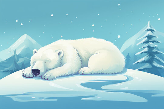 vector illustration of the scene of a sleeping snow bear