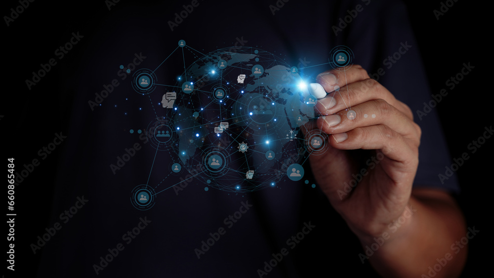 Aufkleber global communication technology male hand pointing at abstract pen innovative concept data analysis 