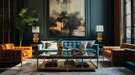 Photograph a stylish lounge area within a classic New York apartment, adorned with Art Deco furnishings and accents. Emphasize the timeless allure of this iconic design era.